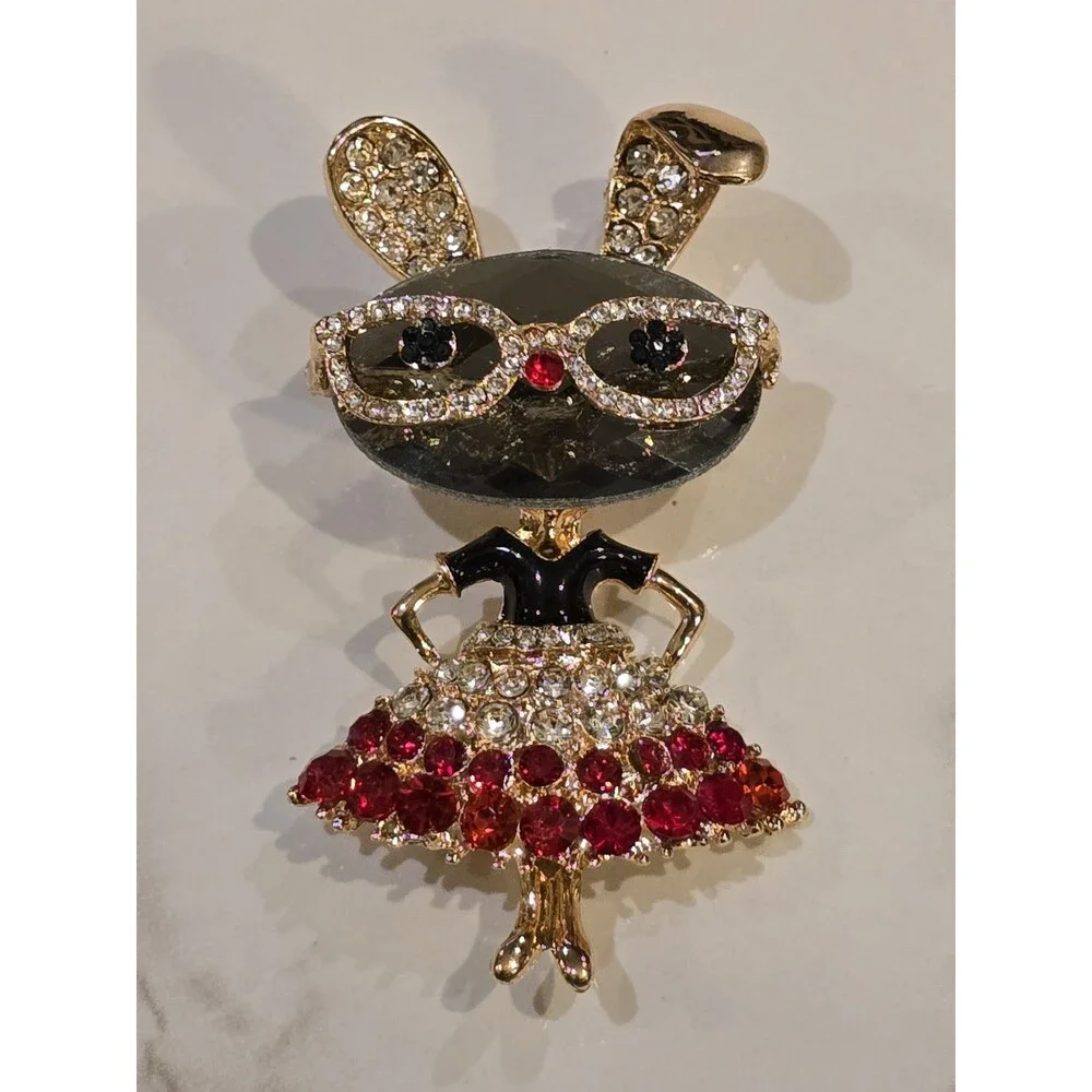 Rhinestone Bunny Rabbit Brooch Sunglasses Red Dress Gold Tone Cute Animal Pin